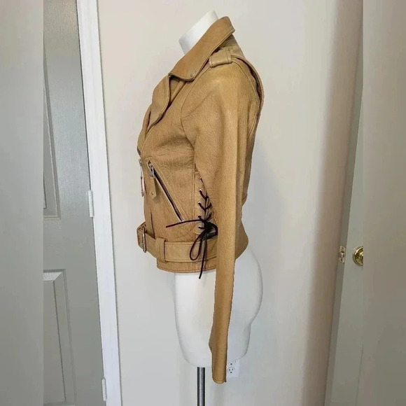 ALLSAINTS (RARE) Sarana Lace Up Moto Zip BuckleBrown Biker Leather Jacket(4) - Picture 3 of 14